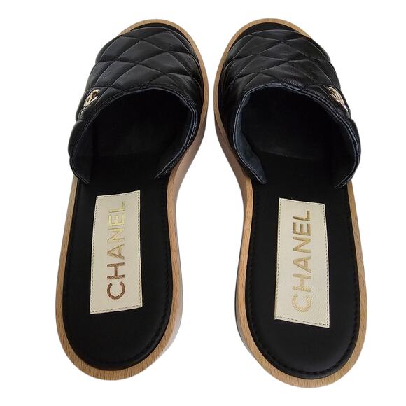 Chanel CC Wood Platform Sandal Slide Mule Size 39 US 8 8.5 Quilted Black Leather - Picture 7 of 15